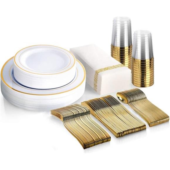 175 Piece Gold Dinnerware Set - 50 Gold Rim Plastic Plates - 25 Gold Silverware - Picture 1 of 8